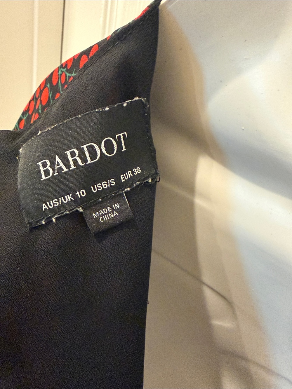 Bardot Black Red Cherry Print Faux Wrap Ruffle Mini Dress 6 - Picture 7 of 8
